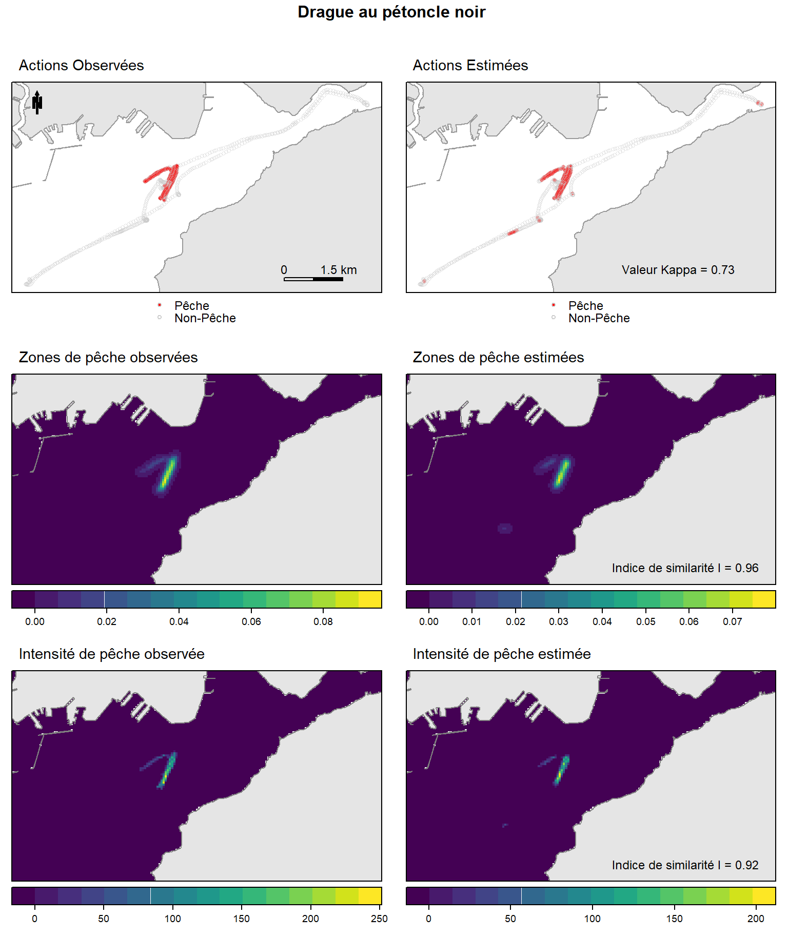 Distribution spatiales des descripteurs observés (gauche) et estimés (droite) (status de pêche, zones de pêche et intensité de pêche) pour une session de pêche à la drague au pétoncle noir.